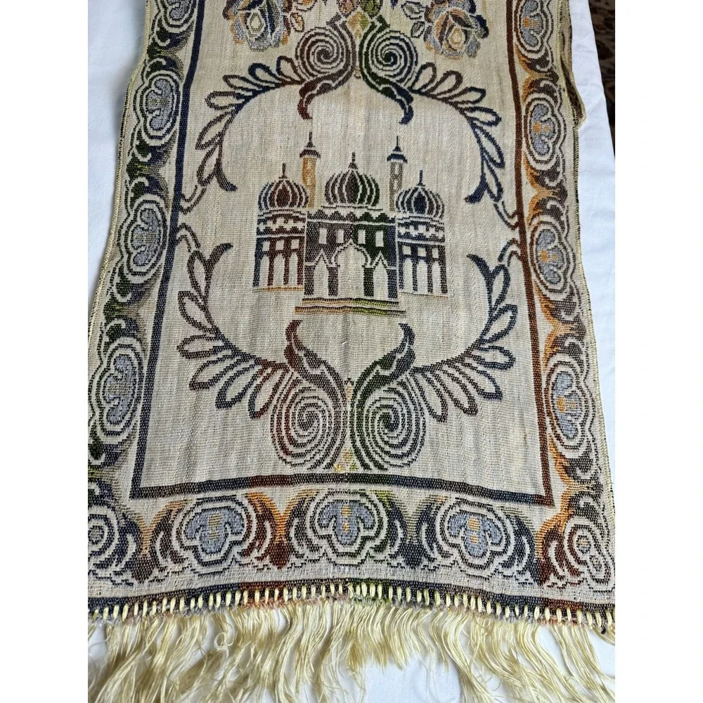 Vintage Woven Tapestry Table Runner Mosque Architecture Floral Fringed Cream